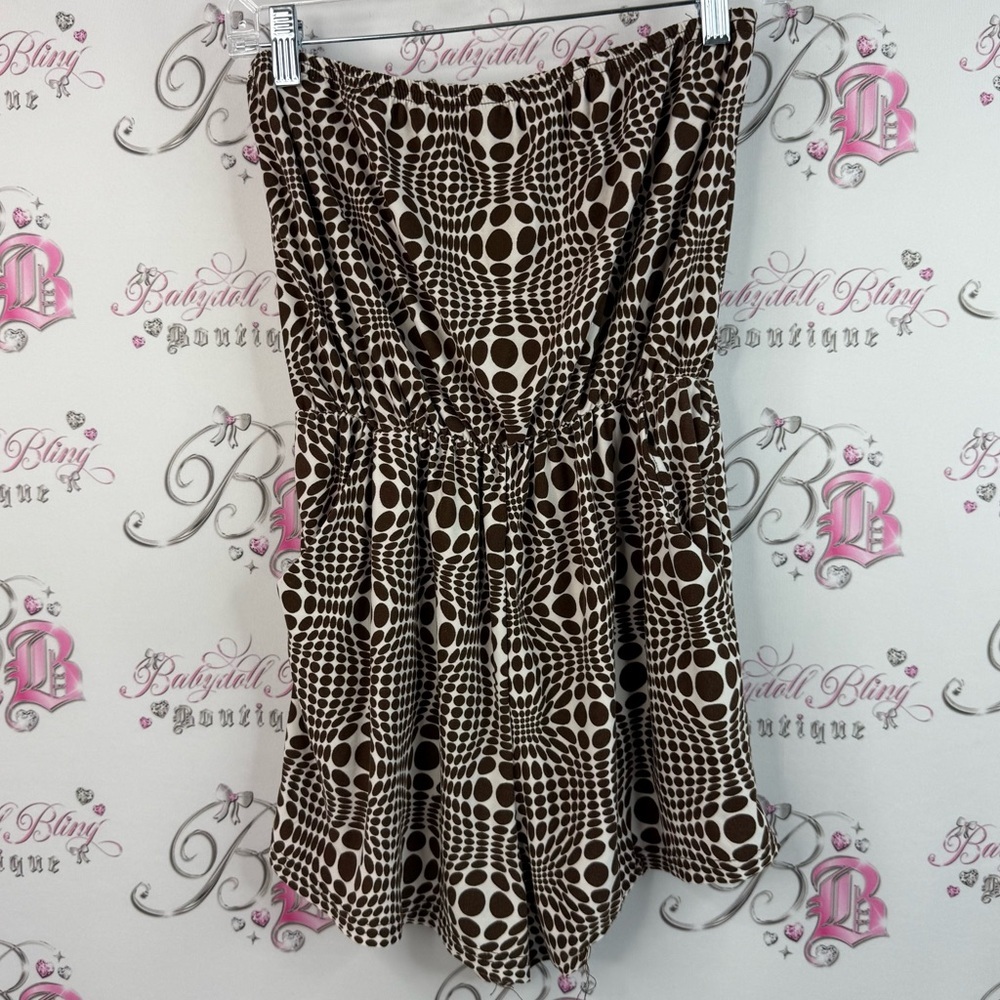 Streetwear Society romper shorts strapless Brown and White Geometric Romper